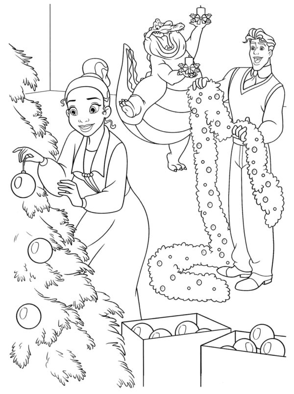 Dekorowanie choinki to ulubione zajęcie każdego, nawet księżniczki kolorowanka do druku